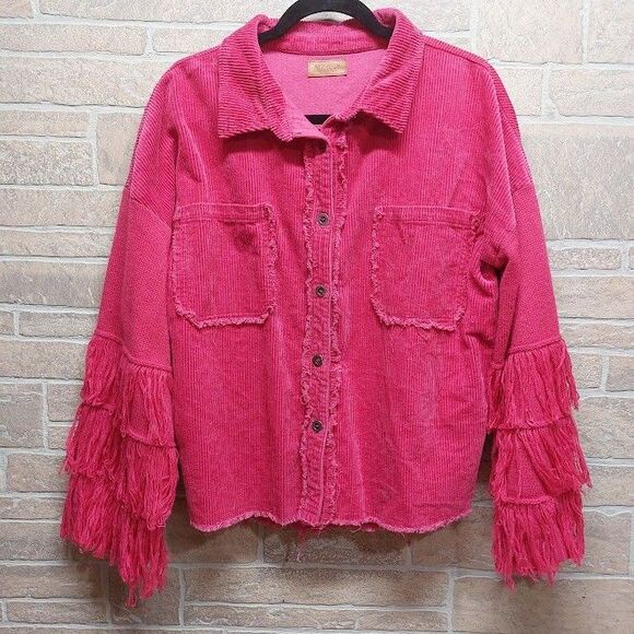Umgee Small Hot Pink Corduroy & Knit Sweater Shacket Jacket With Fringe Oversize - Picture 1 of 5